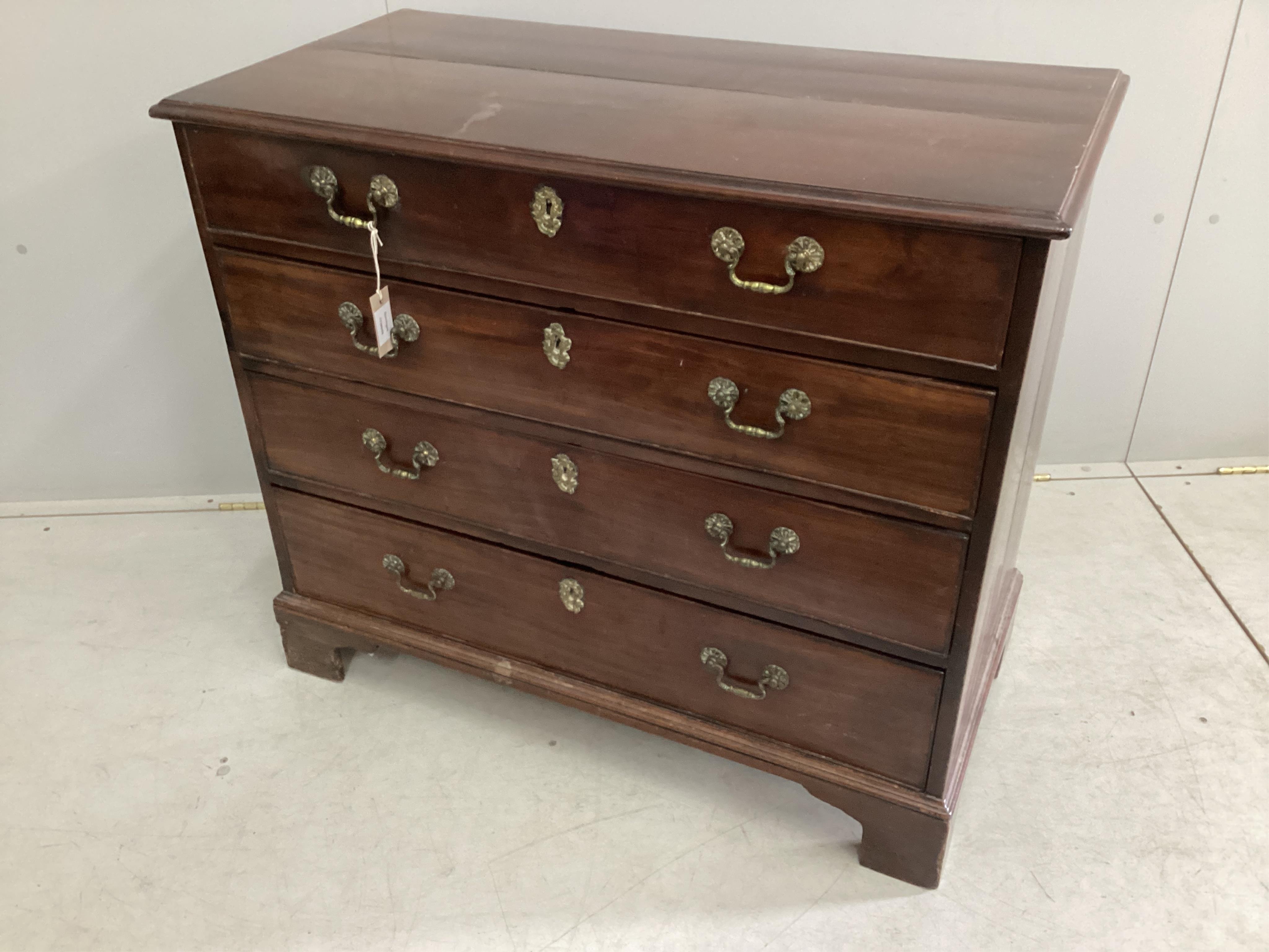 A George III mahogany chest of four drawers, width 94cm, depth 46cm, height 81cm. Condition - poor to fair